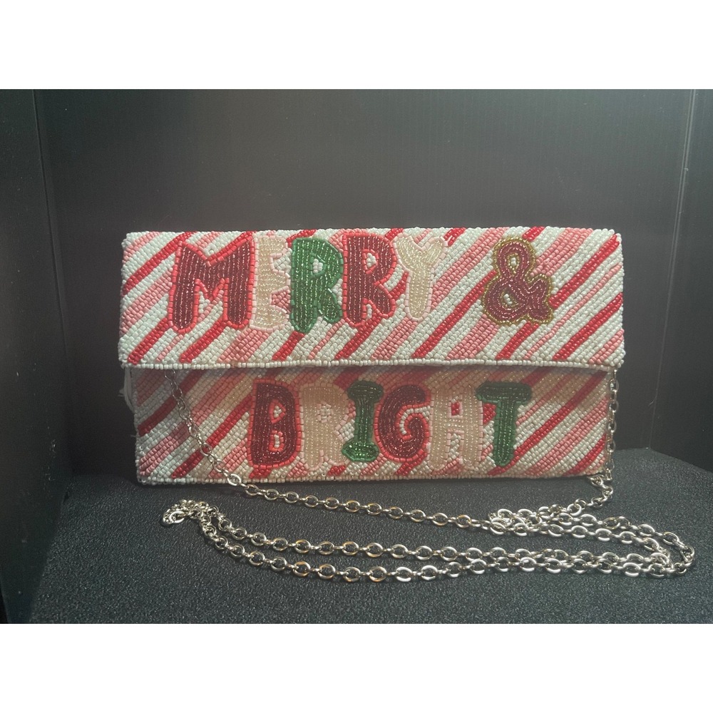 New w/tags New York Merry Christmas Beaded clutch purse Silver-tone Chain 10"x5"